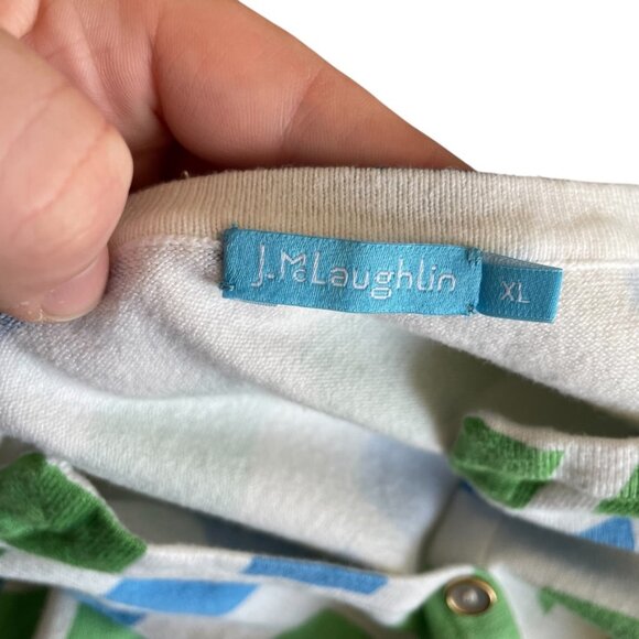 J McLaughlin V Neck Henley Pullover Sweater XL Blue Green White Geometric Print - Picture 3 of 5